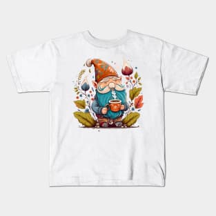 Funny Coffee & Gnome Lovers Floral Retro Spring Gardener Kids T-Shirt